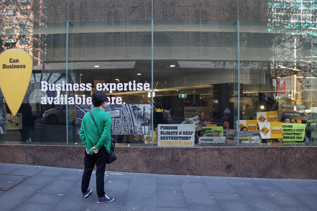 #RaiseTheHeat protest in Sydney against Commonwealth Bank financing Galilee Basin coal mines and coal ports on the Reef