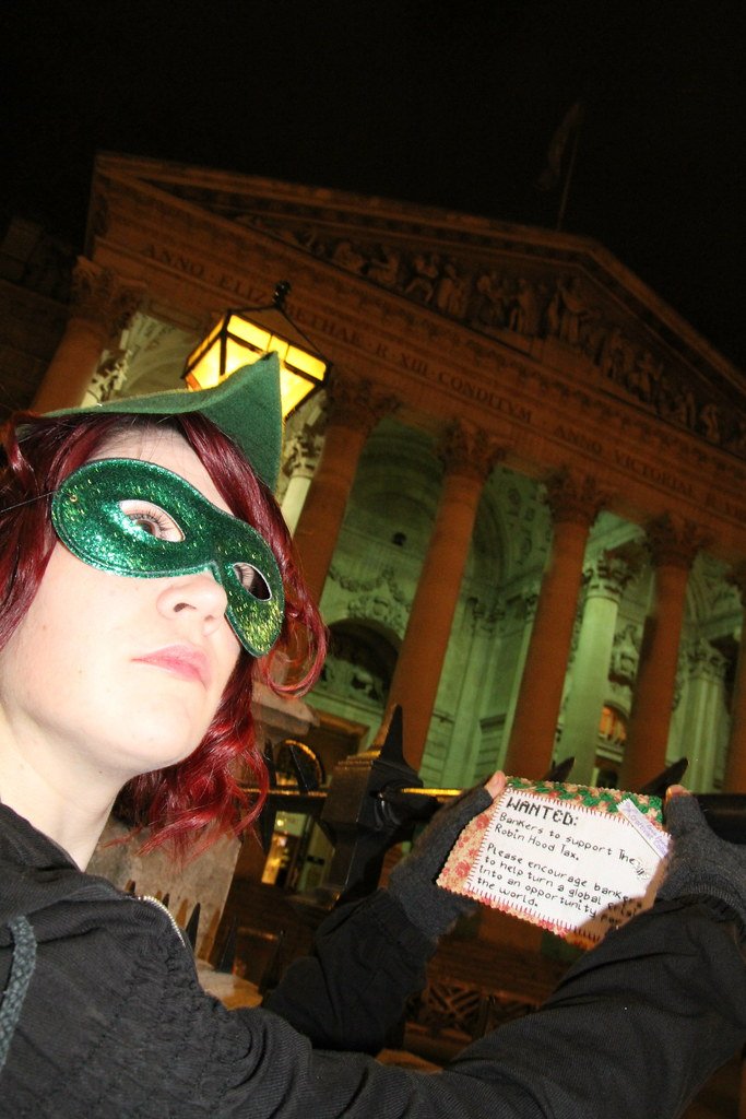 Robin Hood's Merry Craftivists urging bankers to support the Robin Hood Tax